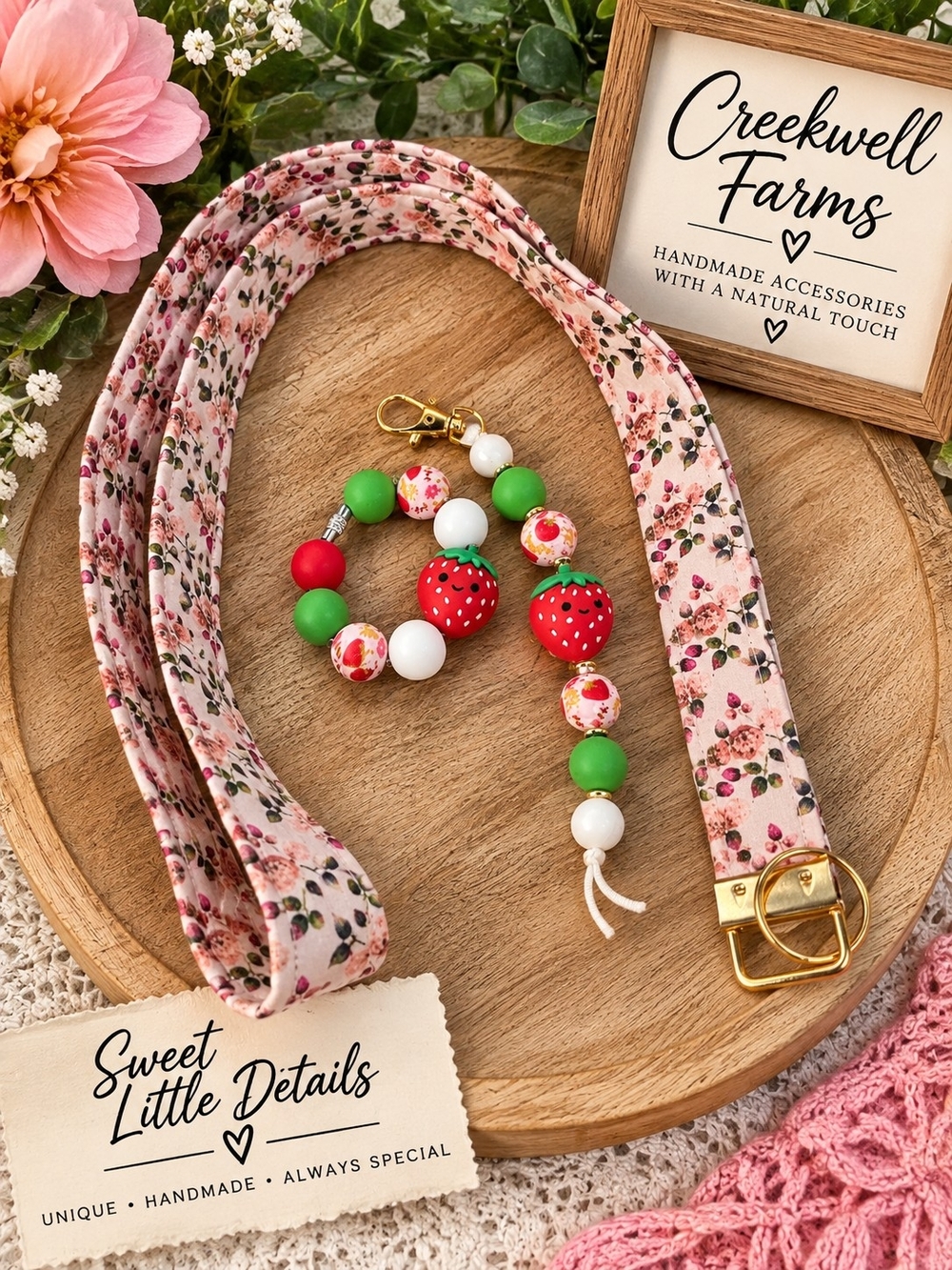 Pink Floral Lanyard with Strawberry Bead Key & Card Holder